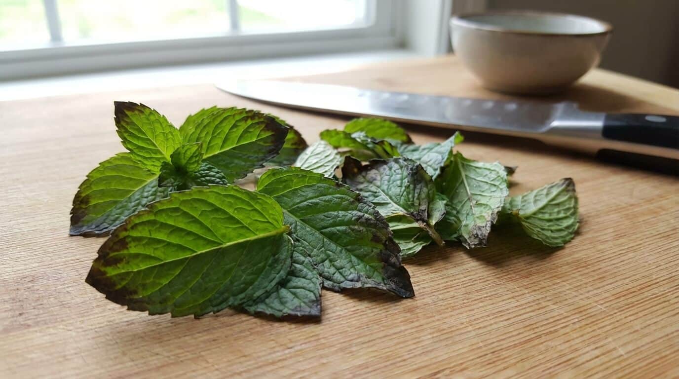 Feuilles de menthe fraîche coupées qui noircissent sur les bords par oxydation naturelle à l'air libre, restant comestibles
