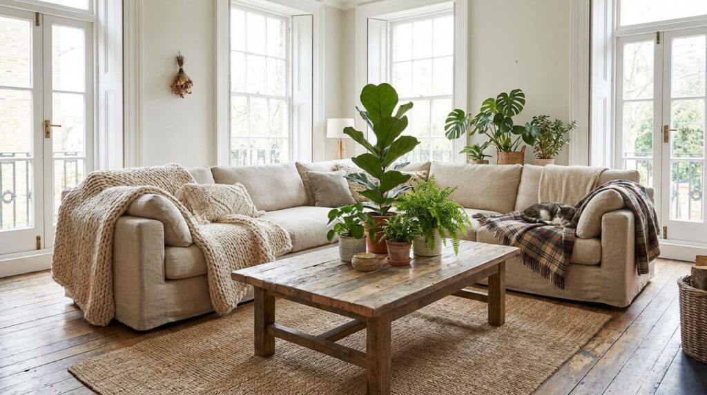 Canapé d'angle confortable dans un salon lumineux et décoré.