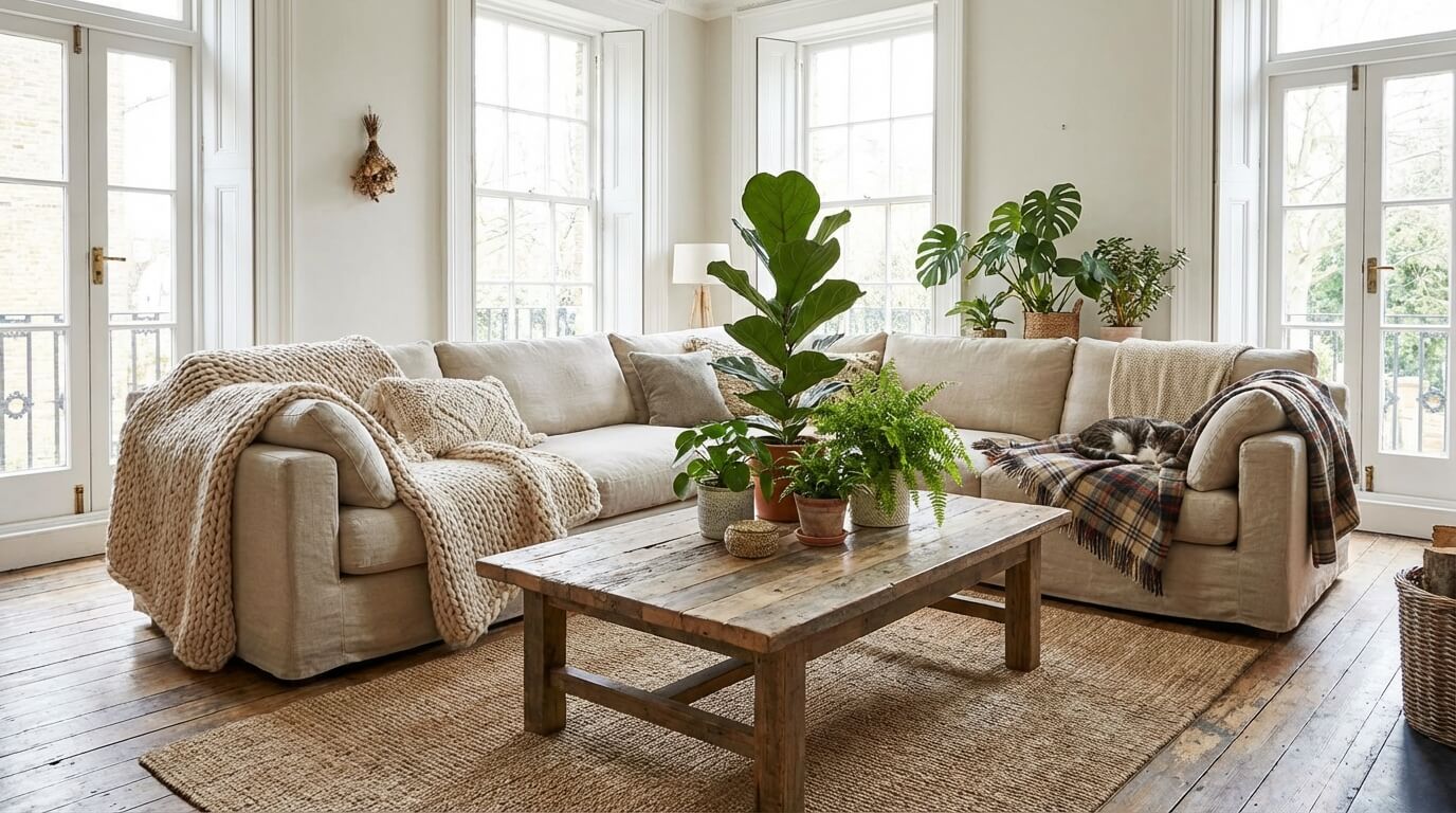 Canapé d'angle confortable dans un salon lumineux et décoré.