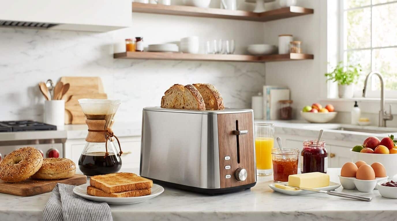 Grille-pain design sur plan de travail cuisine pour un petit-déjeuner réussi.