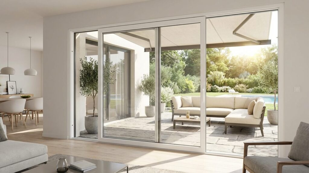 Large porte coulissante en PVC blanc ouvrant sur une terrasse ensoleillée, design moderne.