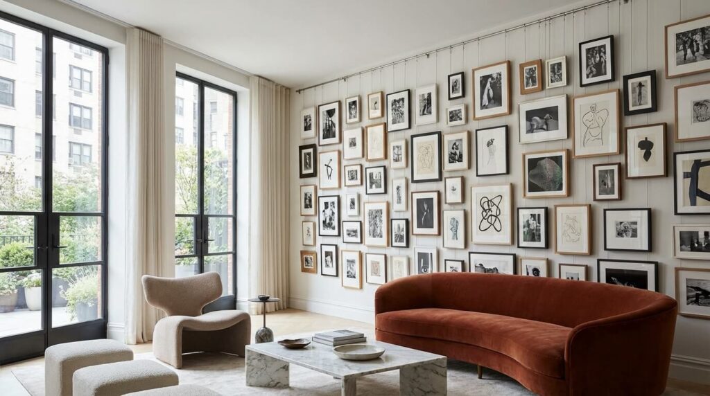 Suspendre des tableaux sans percer : créez une galerie modulable chez vous 2 Mur de salon décoré avec des tableaux suspendus par cimaises sans perçage.