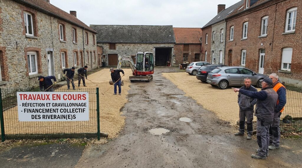 Travaux de réfection et de gravillonnage d'une cour commune financés conjointement par les riverains pour garantir l'accès aux véhicules