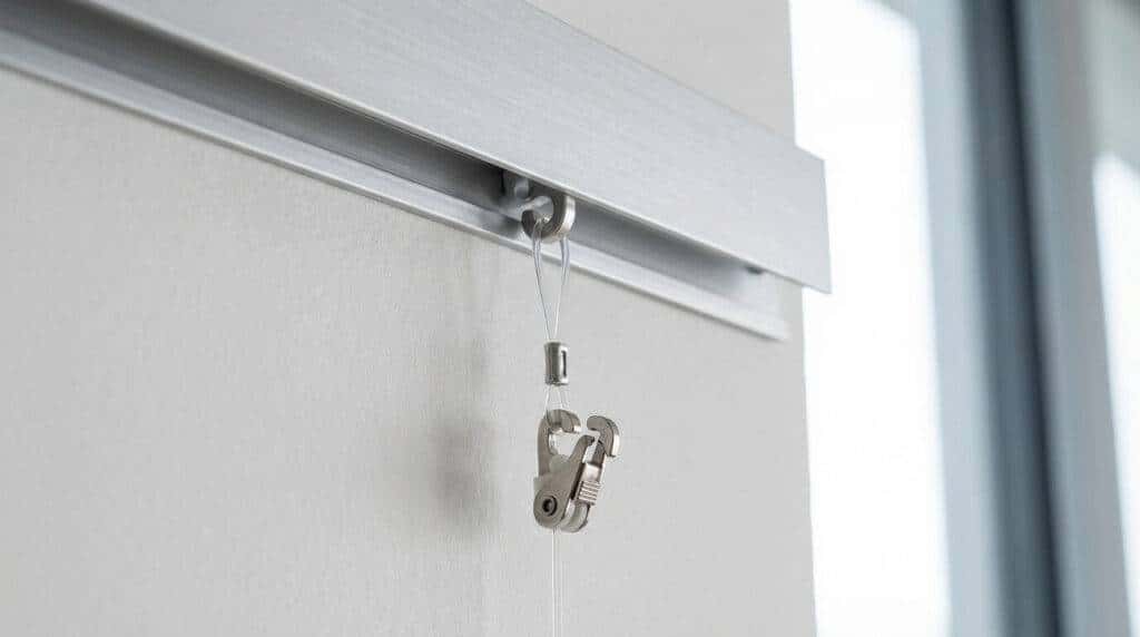 Suspendre des tableaux sans percer : créez une galerie modulable chez vous 3 Détail du mécanisme de cimaise et fil perlon pour suspendre un cadre.