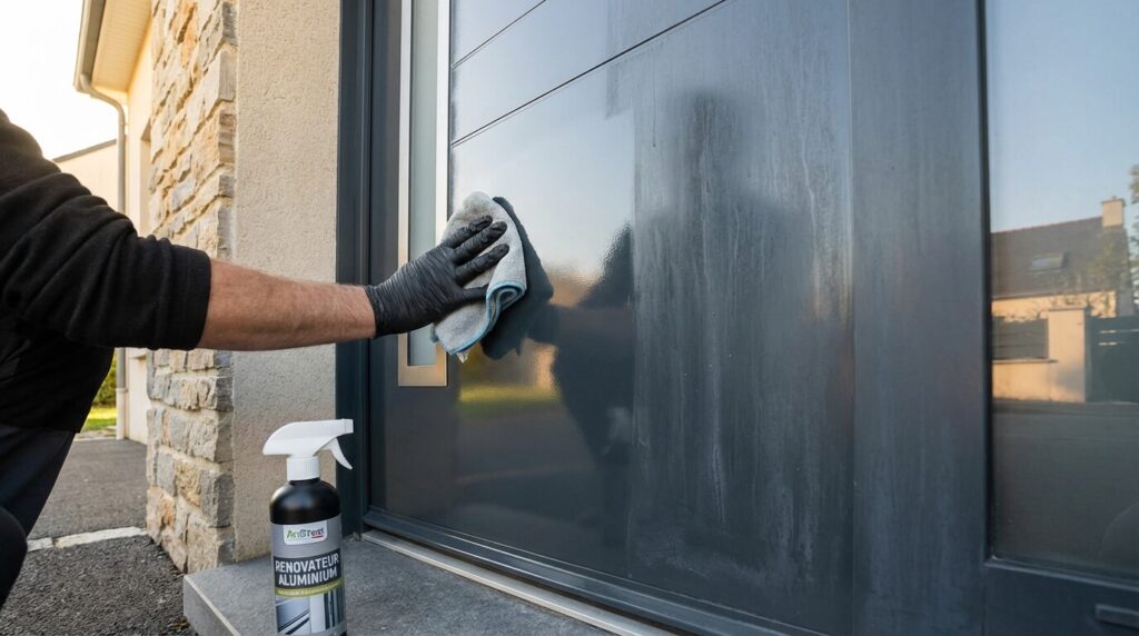 Gros plan sur une porte d'entrée en aluminium retrouvant son éclat après un nettoyage avec un produit rénovateur.