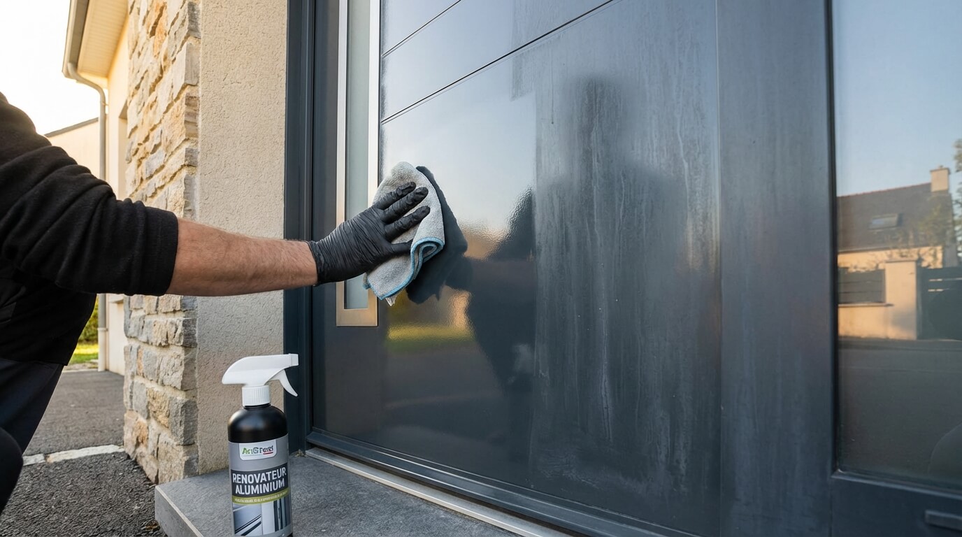 Gros plan sur une porte d'entrée en aluminium retrouvant son éclat après un nettoyage avec un produit rénovateur.