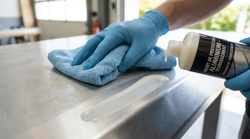 Application d'un chiffon doux et d'un agent de protection sur une surface en aluminium pour prévenir le ternissement.