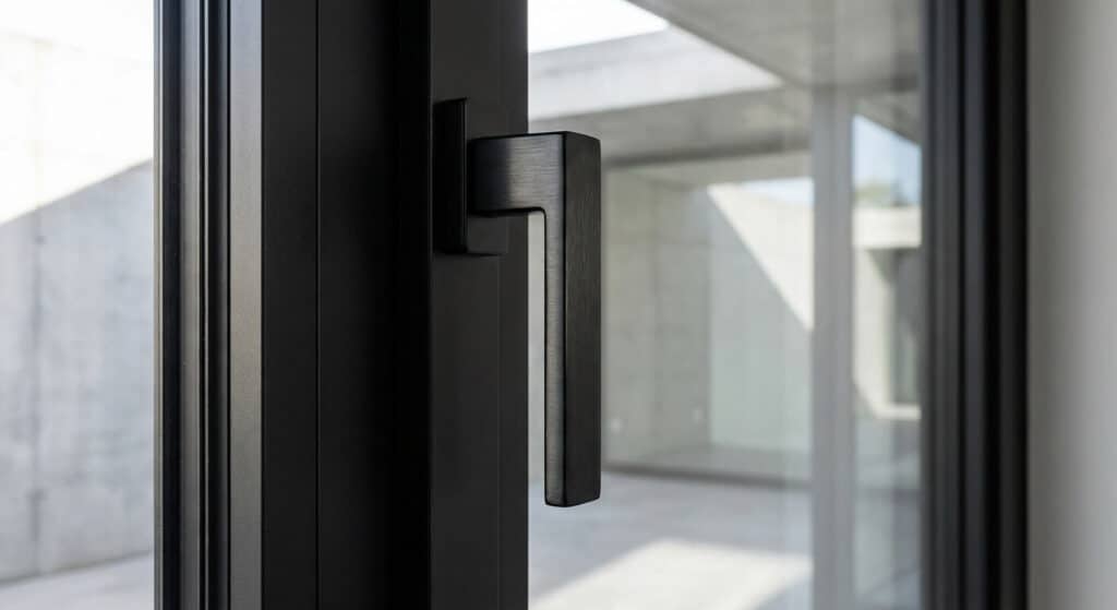 Détail d'une poignée de fenêtre en aluminium noir mat illustrant les finitions modernes d'une menuiserie sur mesure