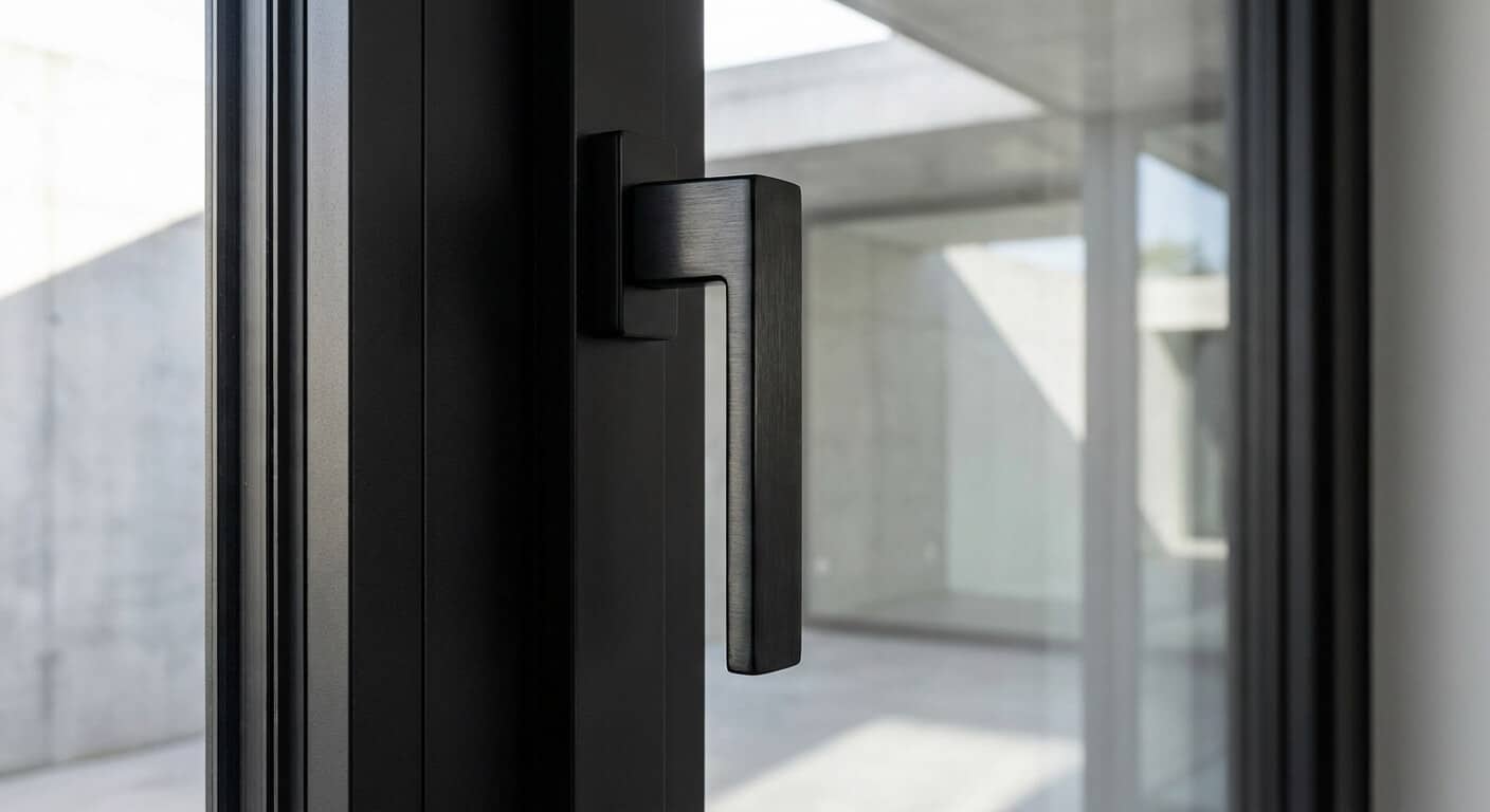 Détail d'une poignée de fenêtre en aluminium noir mat illustrant les finitions modernes d'une menuiserie sur mesure