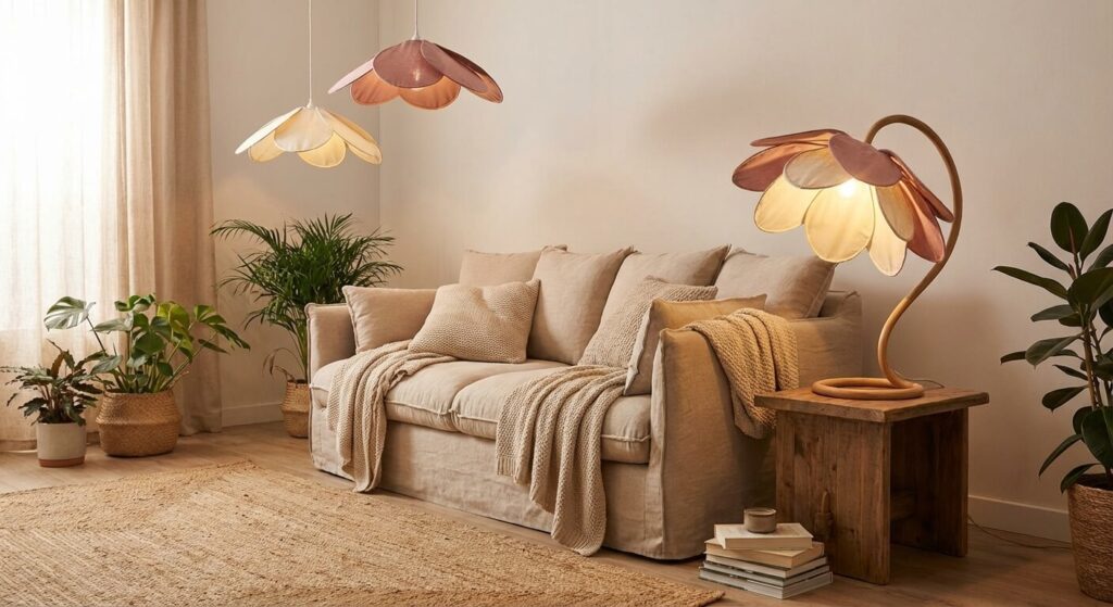 Lampe fleur artisanale : pourquoi privilégier les créations uniques pour sa déco ? 3 Un salon chaleureux avec une lampe fleur artisanale posée à côté d'un canapé pour une ambiance cocooning.