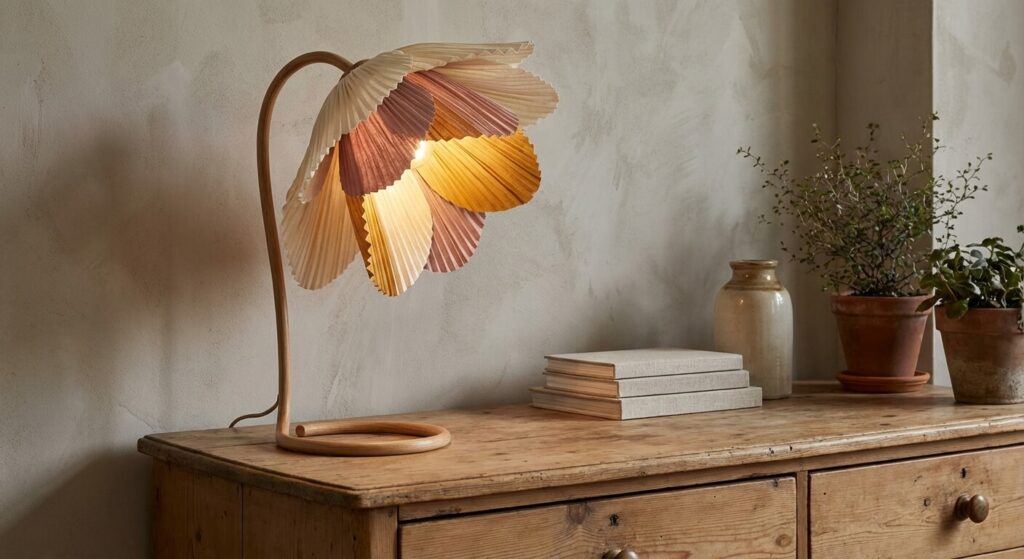 Lampe fleur artisanale : pourquoi privilégier les créations uniques pour sa déco ? 2 Une lampe fleur artisanale aux pétales délicats diffusant une lumière chaude sur un meuble en bois.