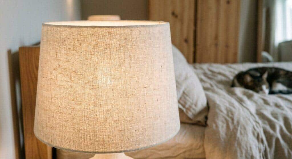 Gros plan sur un abat-jour en lin créant une atmosphère apaisante dans une chambre.