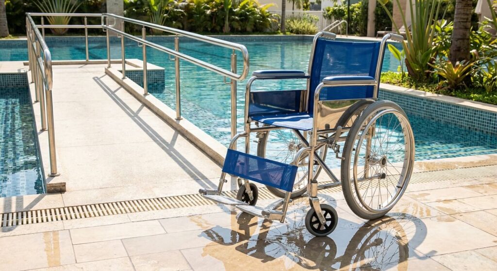 Un fauteuil roulant aquatique en inox positionné au bord d'une piscine avec rampe d'accès.
