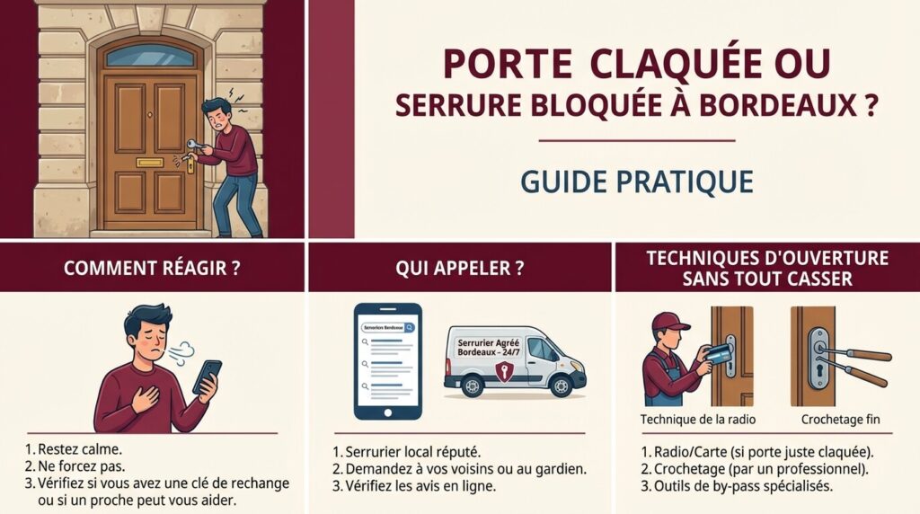 Porte claquée ou serrure bloquée à Bordeaux ? Découvrez comment réagir, qui appeler et quelles sont les techniques d'ouverture sans tout casser.