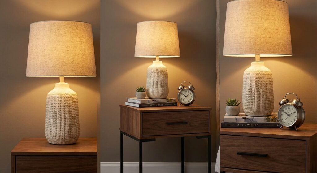 Une lampe de chevet élégante diffusant une lumière chaude sur une table de nuit moderne.