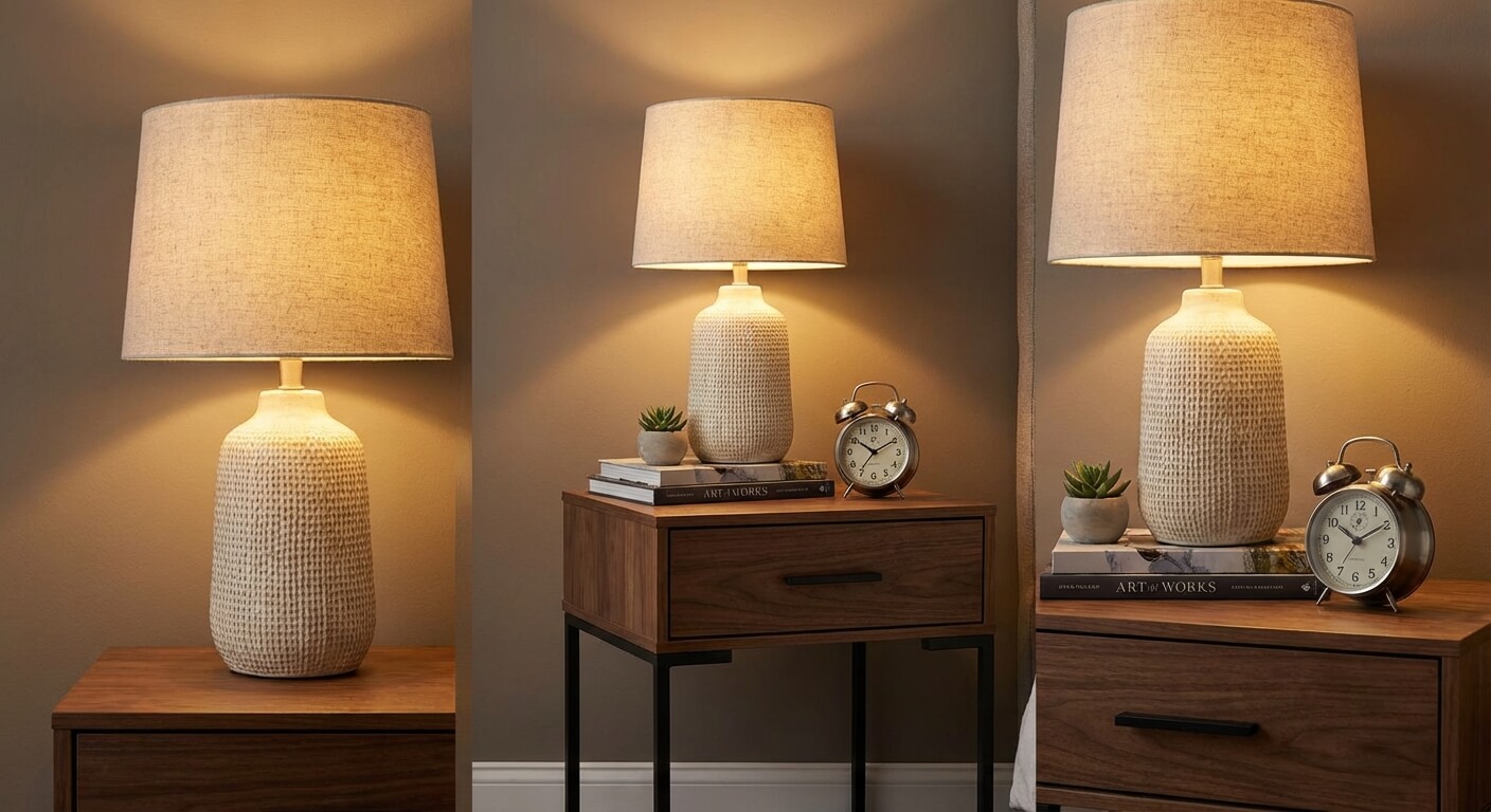 Une lampe de chevet élégante diffusant une lumière chaude sur une table de nuit moderne.