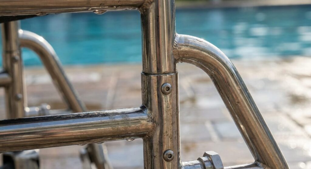Détail de la structure en acier inoxydable d'un fauteuil de piscine résistant au chlore.