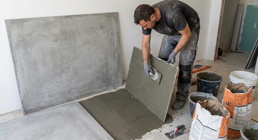 Artisan effectuant le double encollage pour la pose d'un carrelage grand format effet béton.