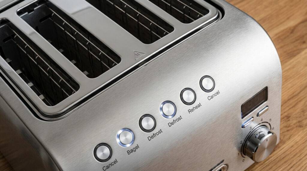 Détail des fentes larges et réglages d'un grille-pain moderne.