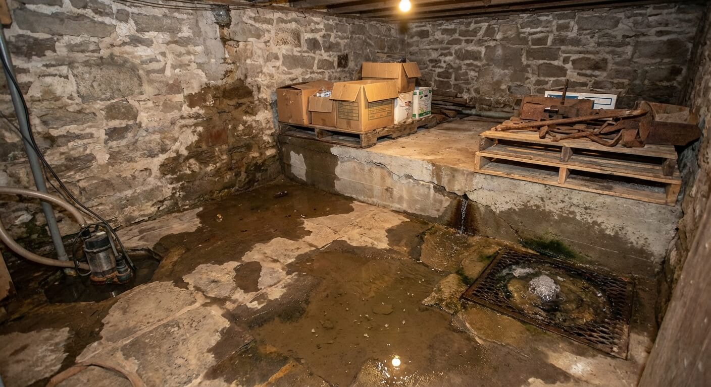 Infiltrations d'eau sévères dans une cave causées par la présence d'une source souterraine sous les fondations