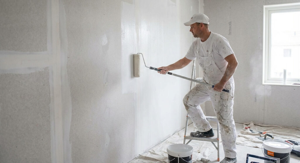 Peintre appliquant une sous-couche d'impression au rouleau sur une cloison en plaques de Fermacell