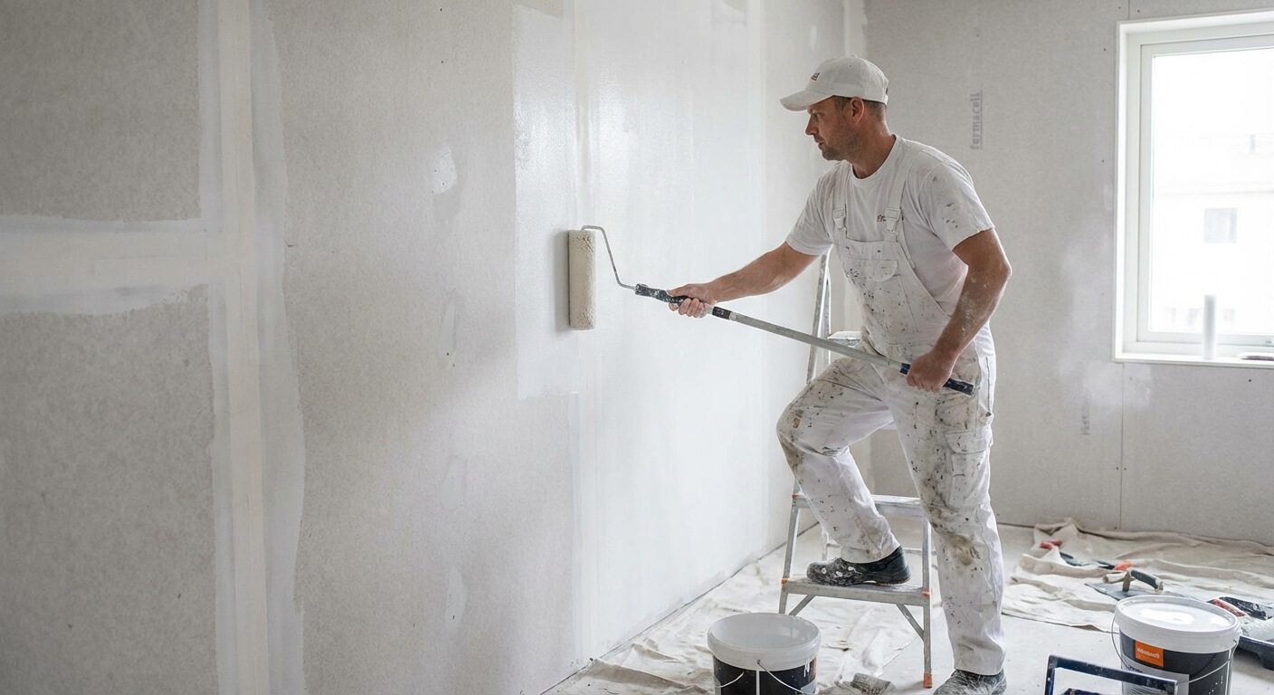 Peintre appliquant une sous-couche d'impression au rouleau sur une cloison en plaques de Fermacell