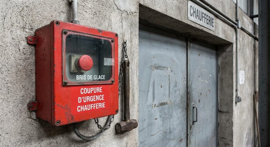 Boîtier de coupure d'urgence rouge sous vitre dormante situé à l'extérieur de la porte d'une chaufferie