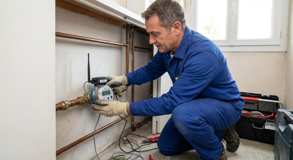Nouveau compteur d'eau : Quels sont les véritables dangers ? 2 Plombier installant un compteur d'eau communicant équipé d'un module radio pour la télérelève