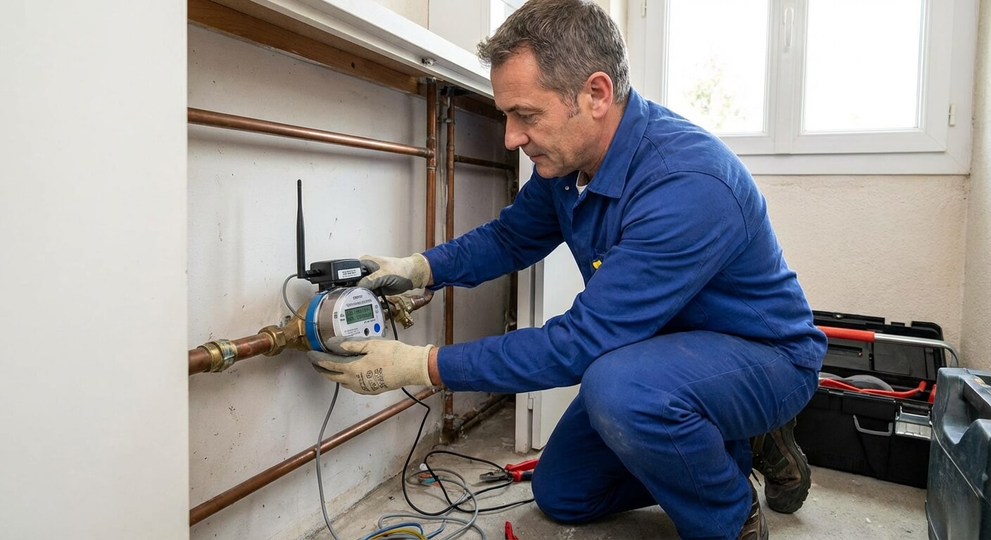 Plombier installant un compteur d'eau communicant équipé d'un module radio pour la télérelève