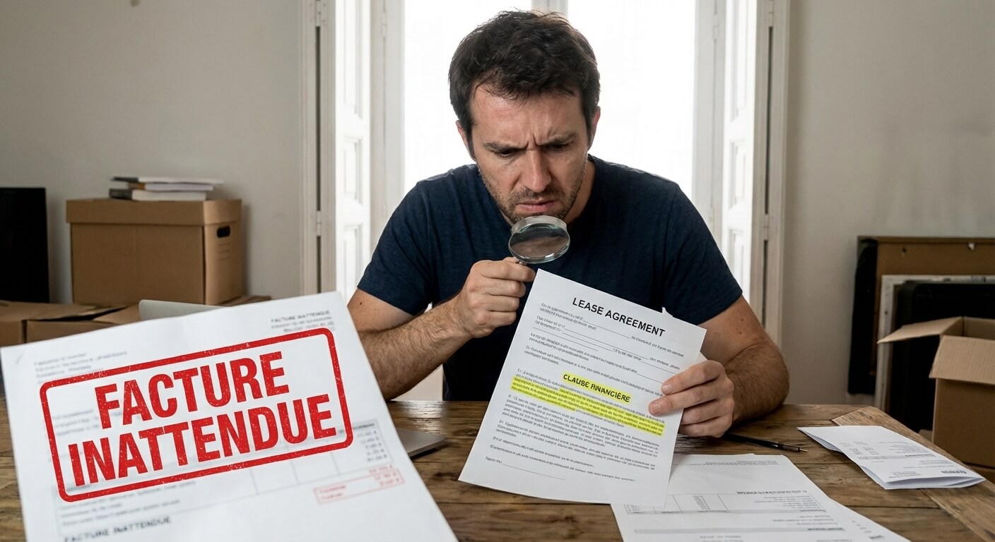 Locataire vérifiant scrupuleusement la clause financière de son contrat de bail face à une facture inattendue