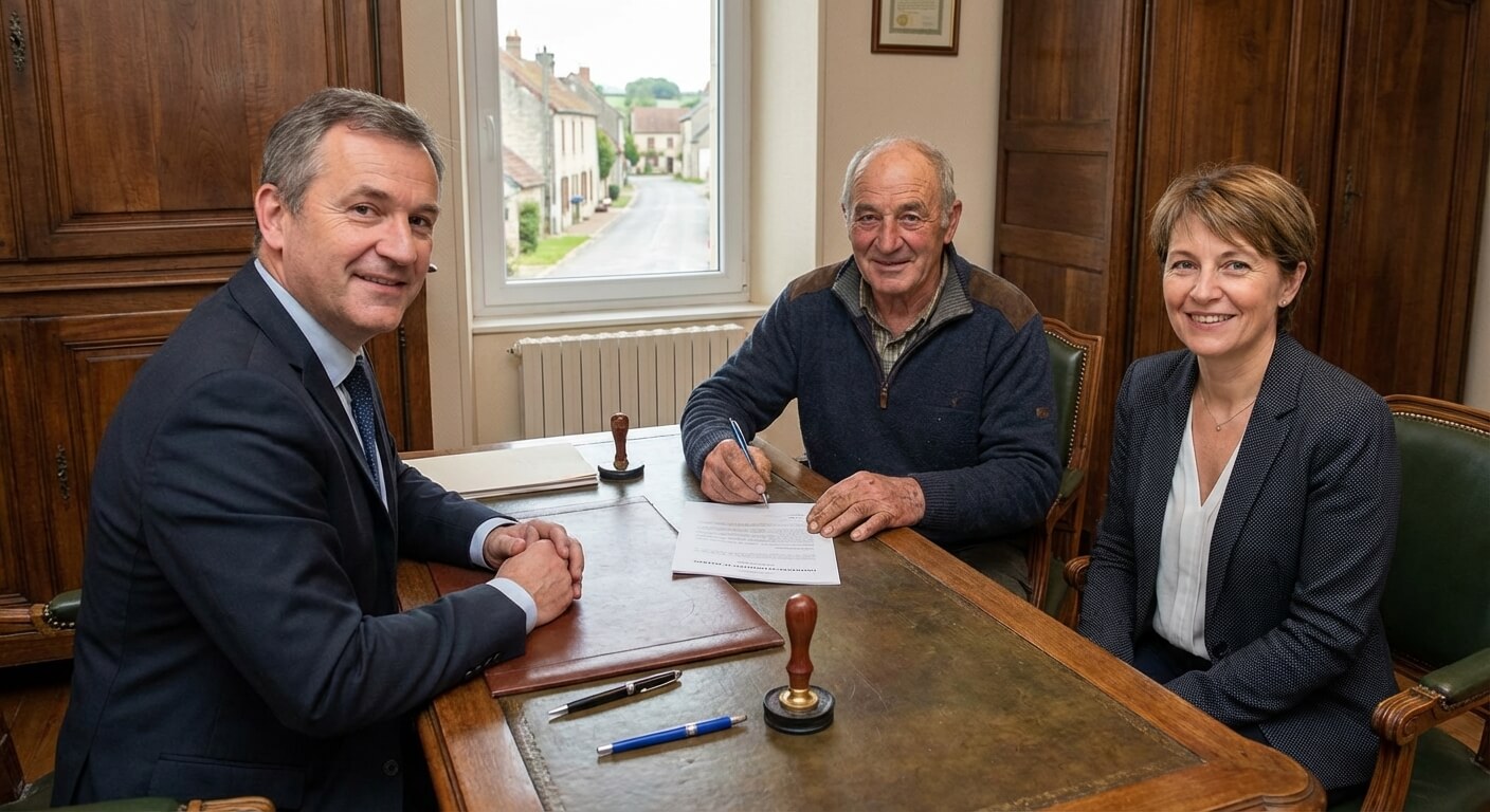 Signature d'une convention de servitude de passage chez le notaire entre deux voisins