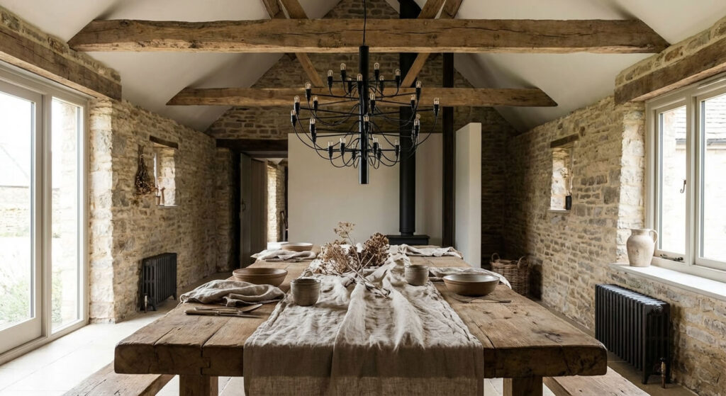 Comment associer luminaire iconique et matières naturelles pour un intérieur tendance ? 3 Suspension design iconique en métal noir au-dessus d'une table en bois brut et lin