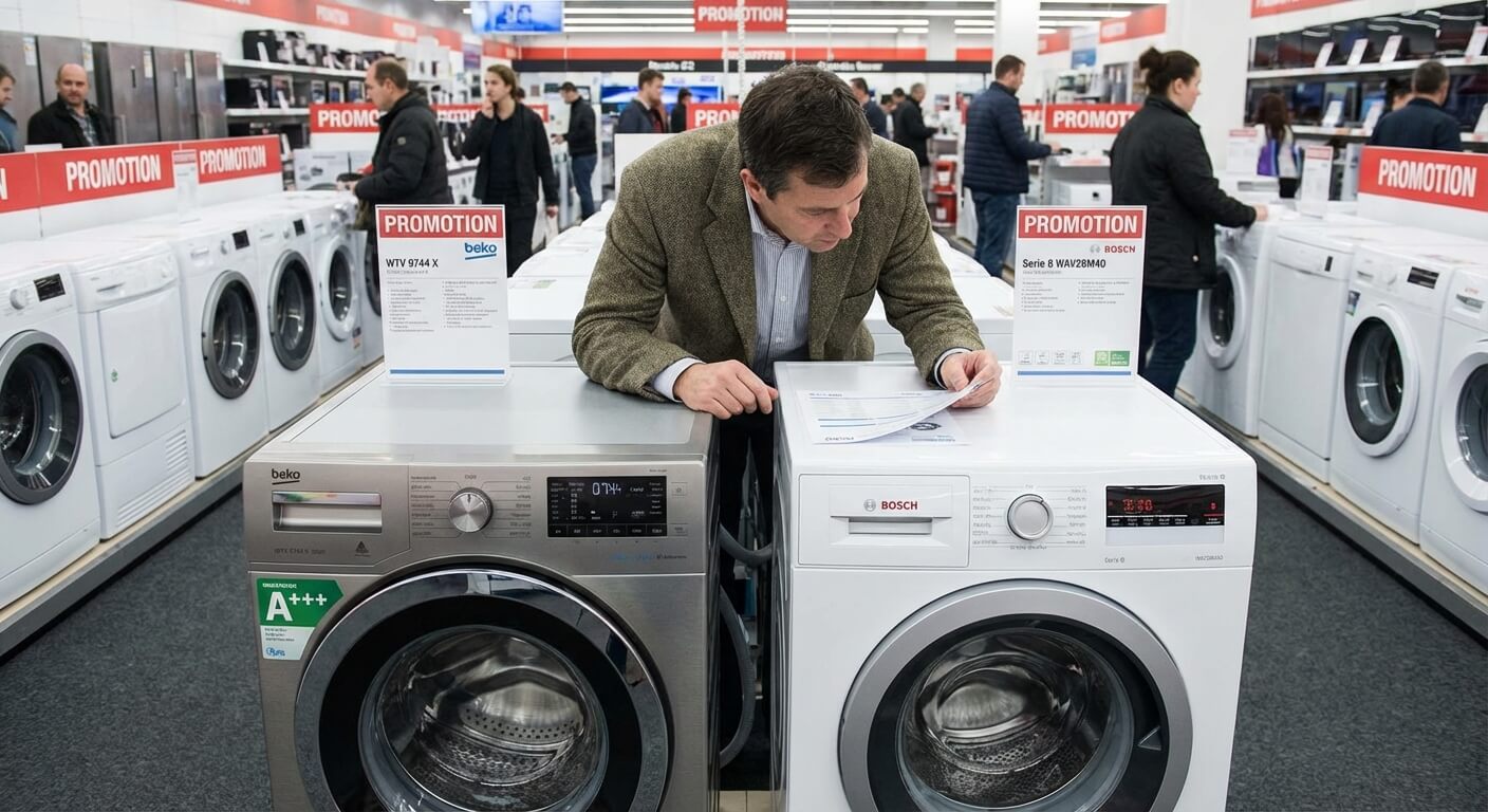 Client comparant un lave-linge de marque Beko et un modèle Bosch dans un magasin d'électroménager