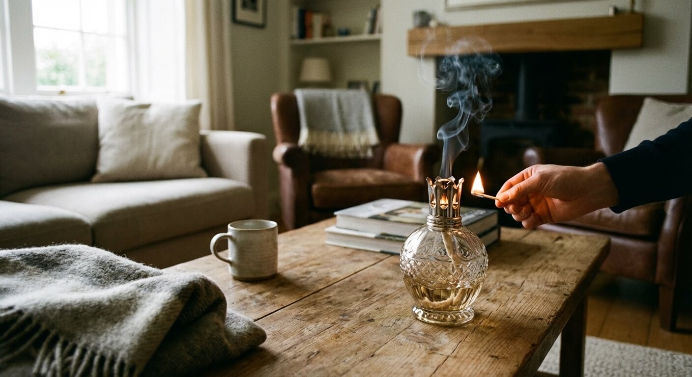 Utilisation d'une lampe catalytique Berger posée sur une table basse dans un salon