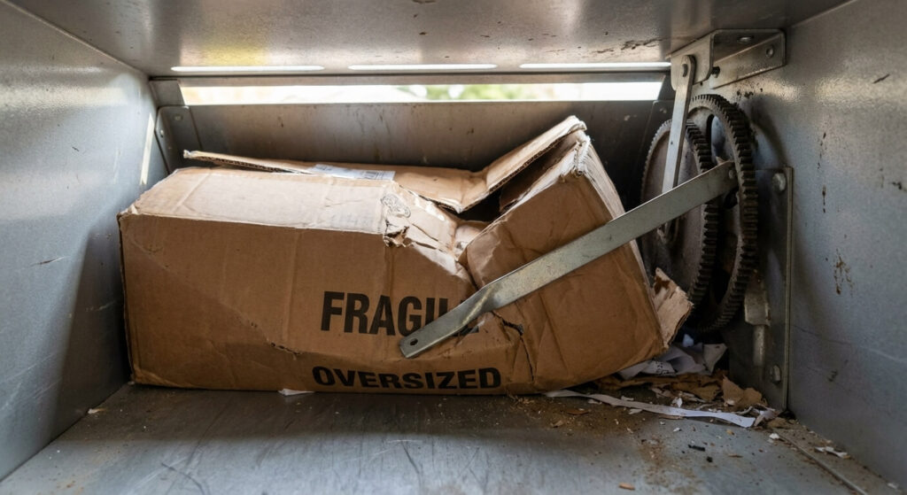 Vue rapprochée d'un colis en carton surdimensionné bloquant le mécanisme interne d'une boîte aux lettres