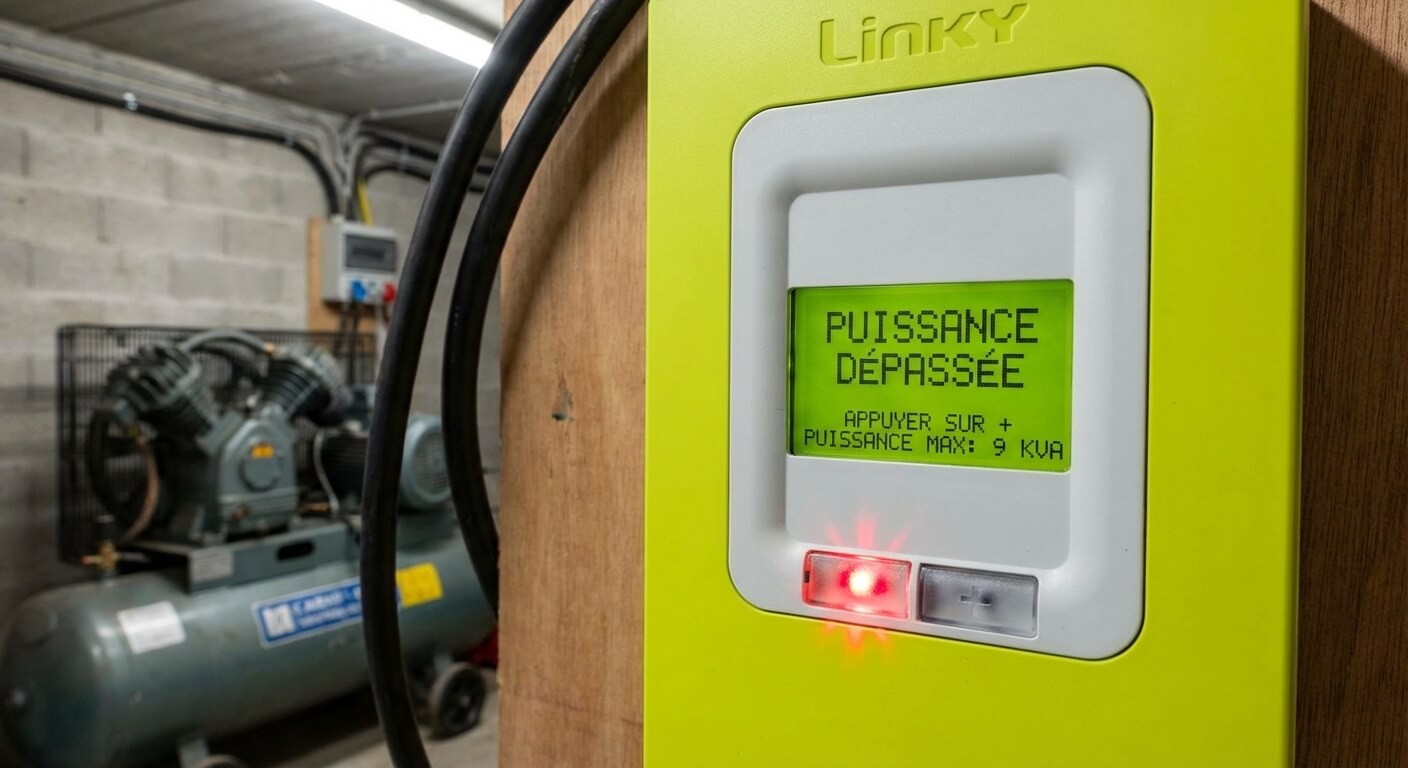 Écran d'un compteur Linky affichant la mention "Puissance dépassée" suite au démarrage d'un équipement lourd