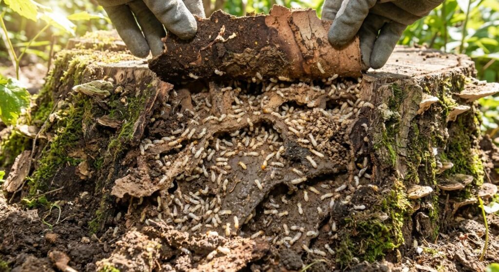 Colonie de termites souterrains découverte sous l'écorce d'une vieille souche d'arbre dans un jardin