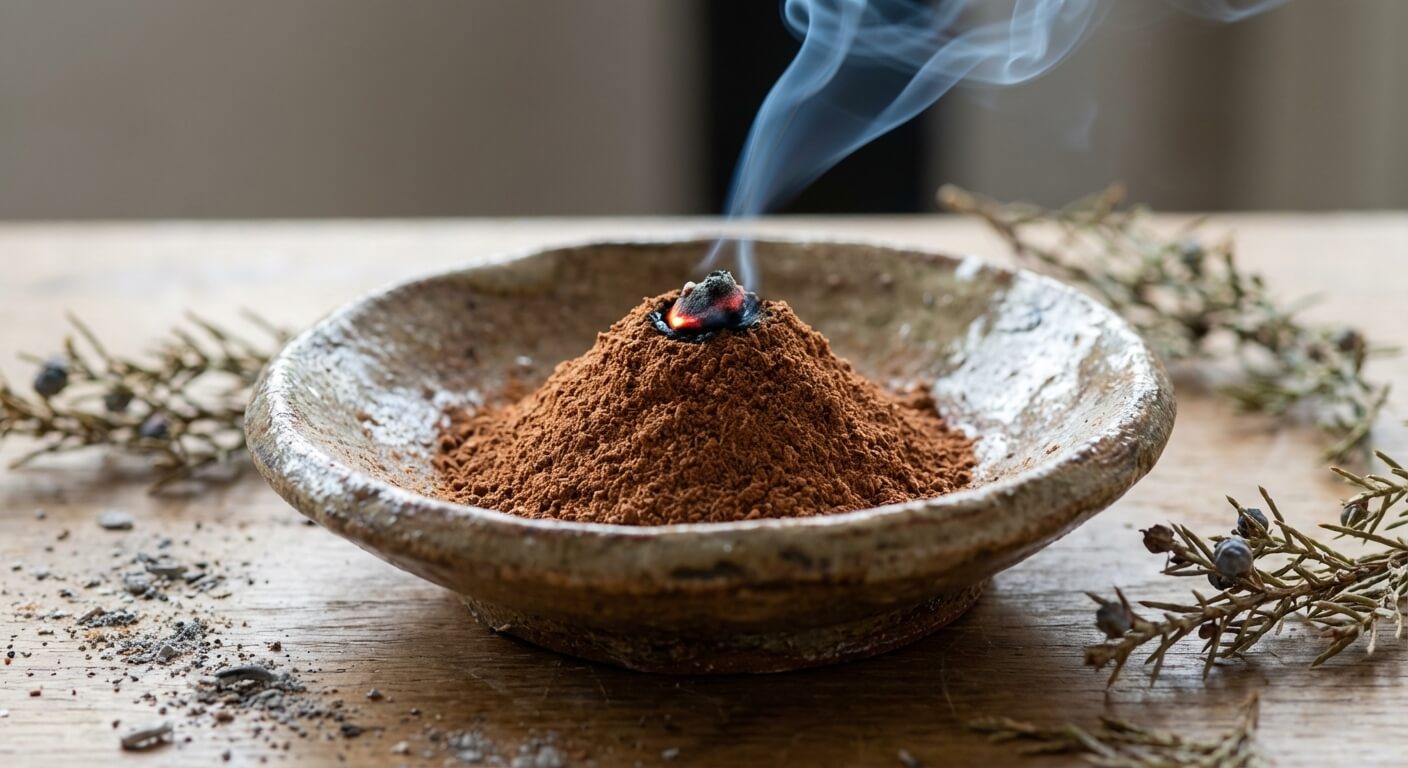 Petite montagne de poudre de bois de cade se consumant lentement dans une coupelle artisanale