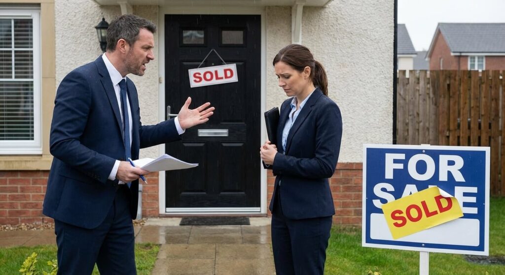 Refus de visite avant la signature chez le notaire : Quels sont vos droits ? 2 Acheteur contrarié face à un agent immobilier devant la porte fermée d'une maison juste avant la signature définitive