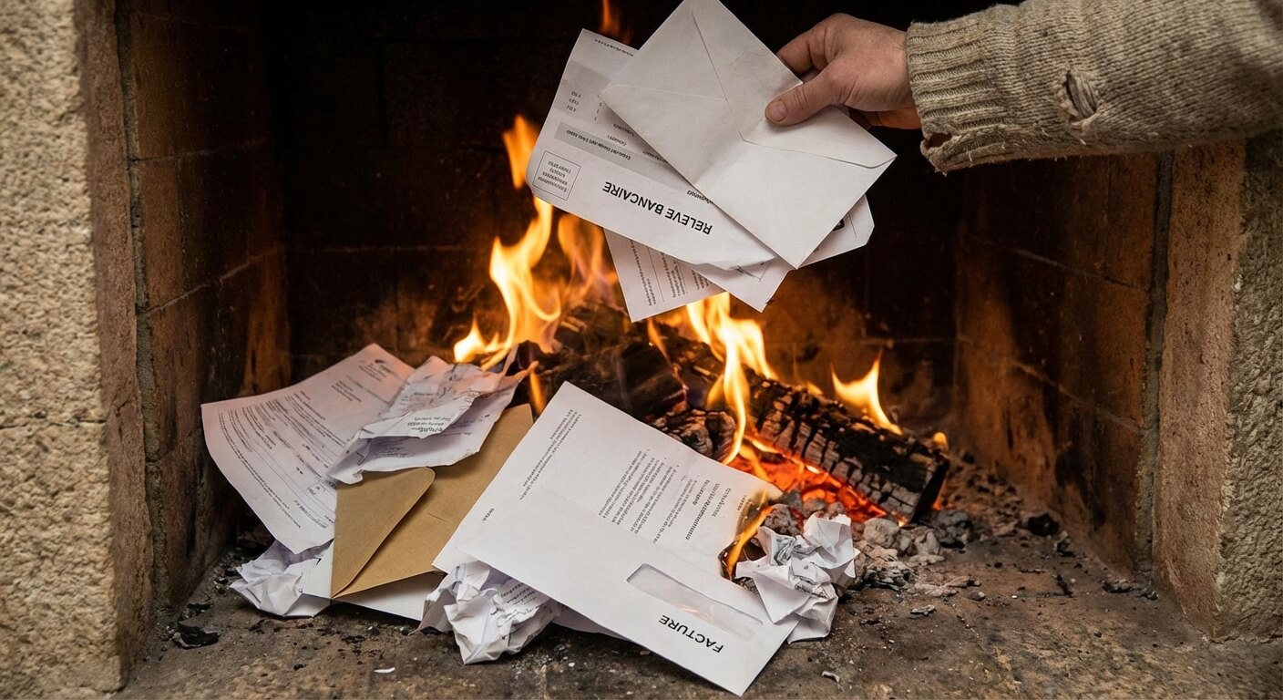 Papiers personnels et relevés bancaires jetés dans le foyer d'une cheminée pour être détruits par le feu