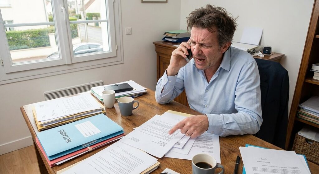 Client contrarié au téléphone cherchant à transférer son dossier immobilier vers une autre étude notariale