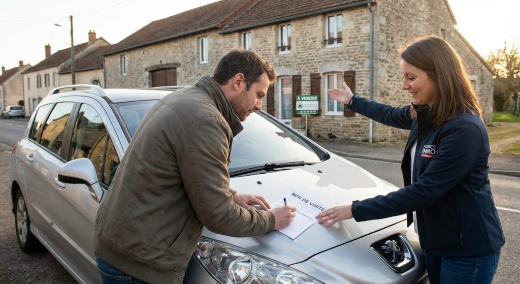 Acheteur potentiel signant un bon de visite sur le capot de la voiture d'un agent immobilier avant de découvrir une maison