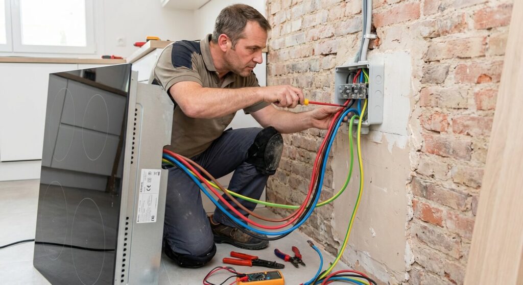 Électricien raccordant les fils d'une cuisinière à induction sur un bornier mural