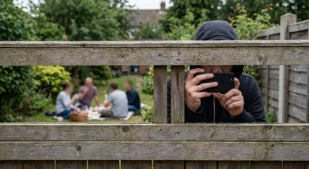 Mon voisin me prend en photo : Que faire face à cette atteinte à la vie privée ? 2 Personne dissimulée derrière une clôture de jardin utilisant un smartphone pour photographier secrètement ses voisins