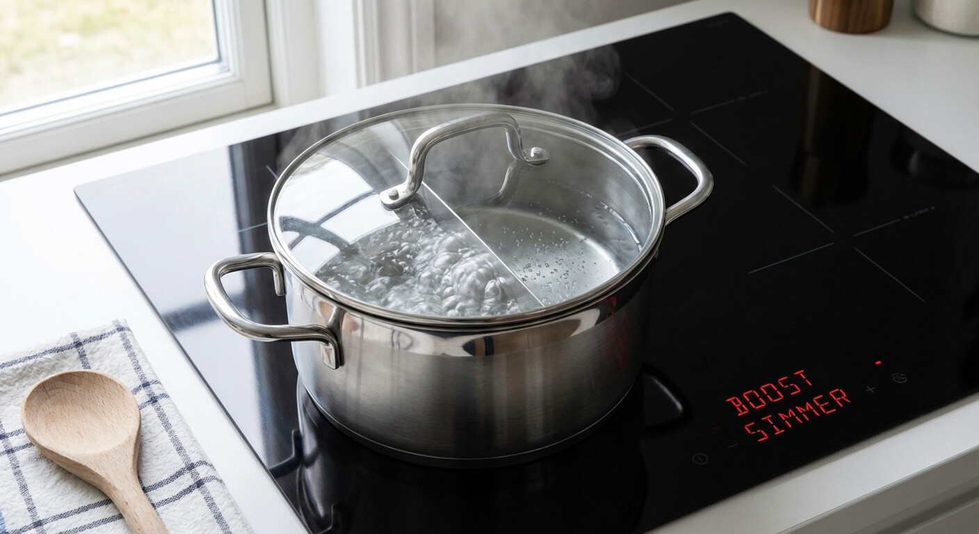Casserole d'eau sur une plaque à induction montrant des phases de forte ébullition suivies de moments de calme