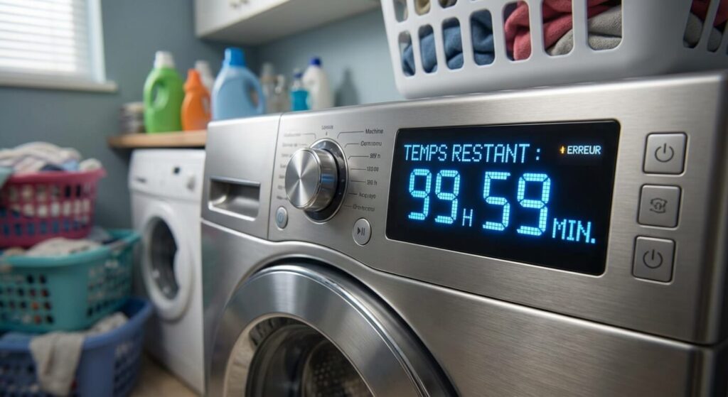 Écran digital d'une machine à laver affichant un temps restant anormalement long