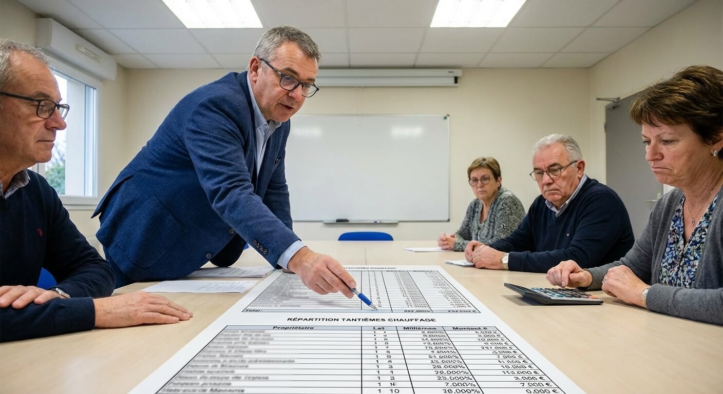 Gestionnaire de syndic expliquant la répartition des tantièmes de chauffage collectif sur un document comptable