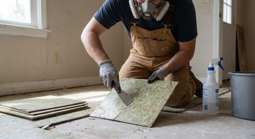 Particulier utilisant une spatule plate pour décoller doucement des dalles de sol amiantées sans les briser
