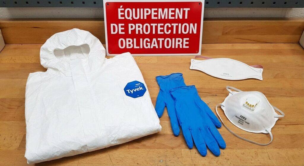 Équipement de protection obligatoire : combinaison jetable, gants et masque respiratoire de norme FFP3