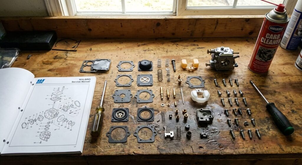 Pièces détachées d'un carburateur Walbro étalées sur un établi avant le remontage